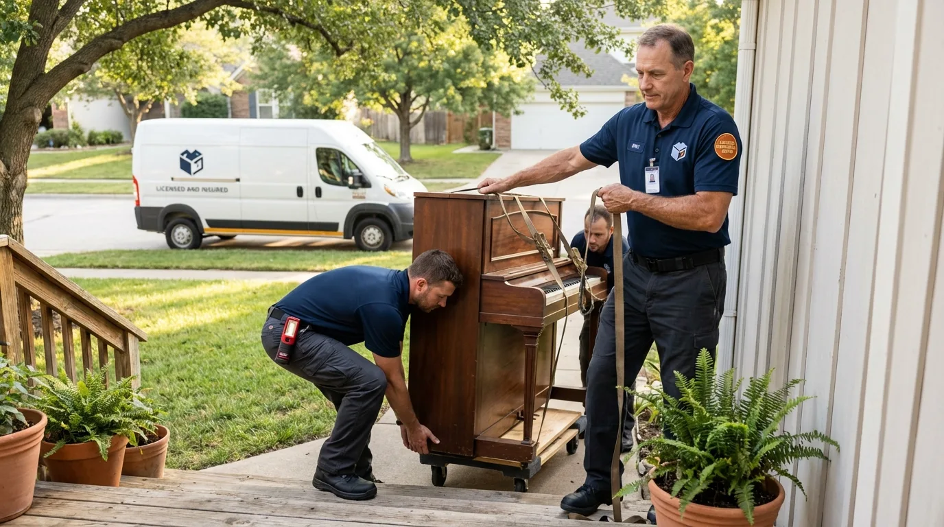 Licensed piano movers securing grand piano in Burns, TN