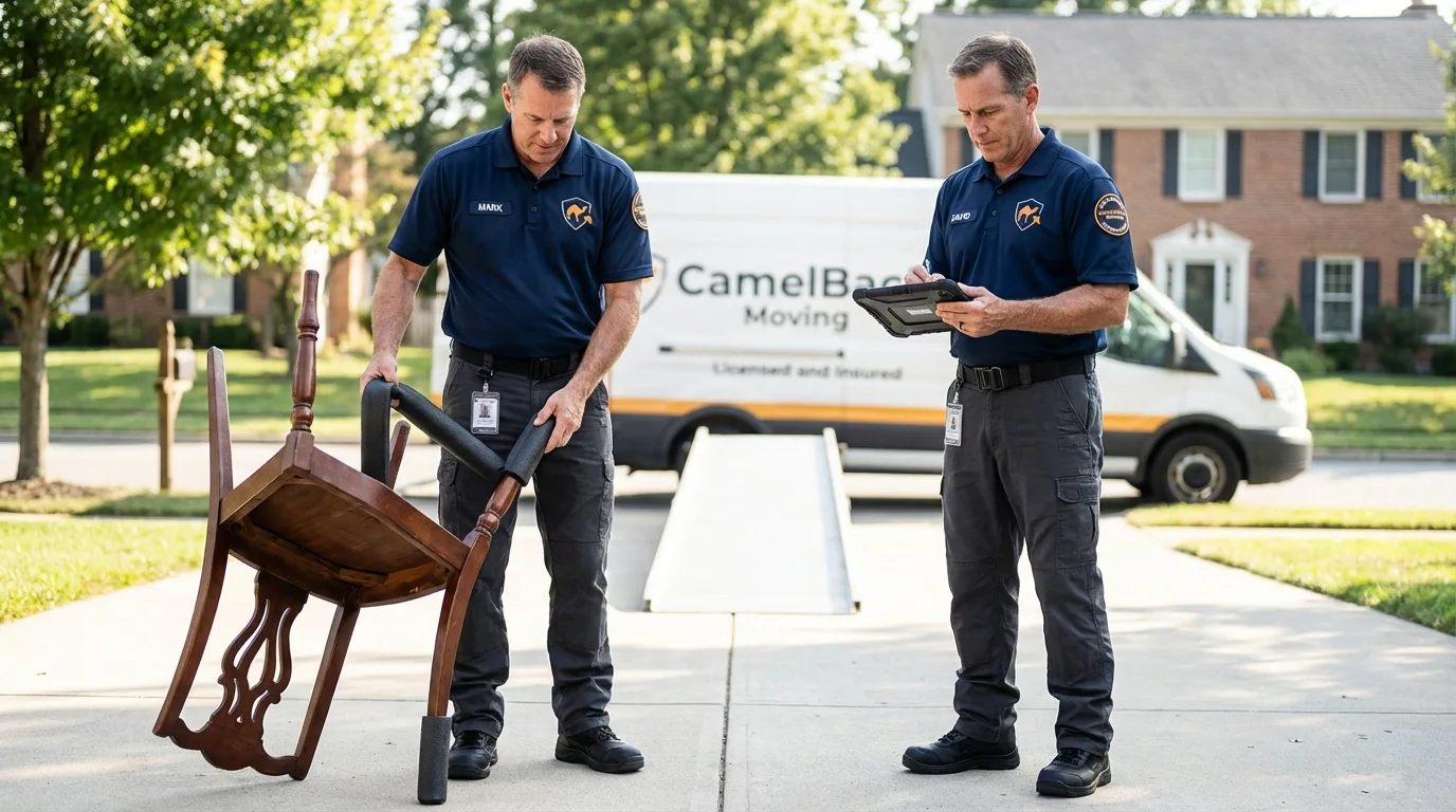 Movers inspecting furniture for damage prevention before loading in Burns, TN